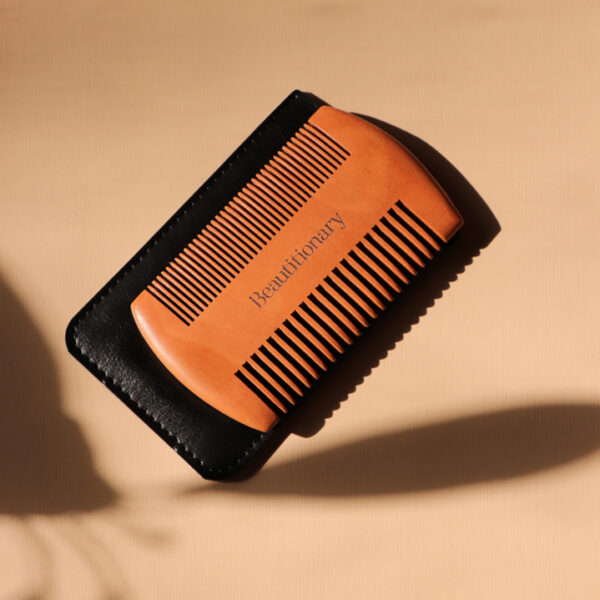 wooden beard comb , anti-static Beech wood comb with a vegan case