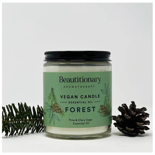 A soy candle with Pine and clary sage essential oil.