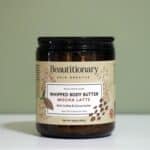 Mocha Latte Whipped Body Butter in a glass jar, a soft and creamy natural moisturizer made locally in Vancouver, BC, enriched with cocoa butter, shea butter, and coffee essential oil for deep hydration.