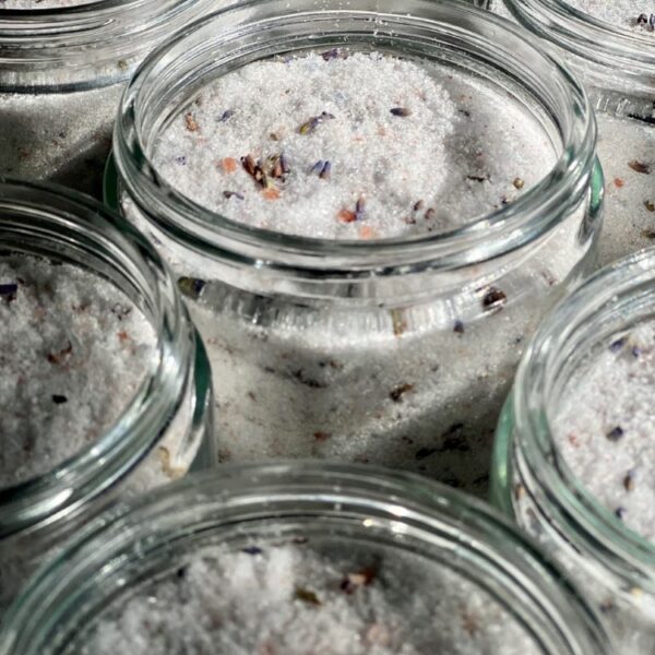 Epsom salt and pink Himalayan salt with lavender for spa and aromatherapy