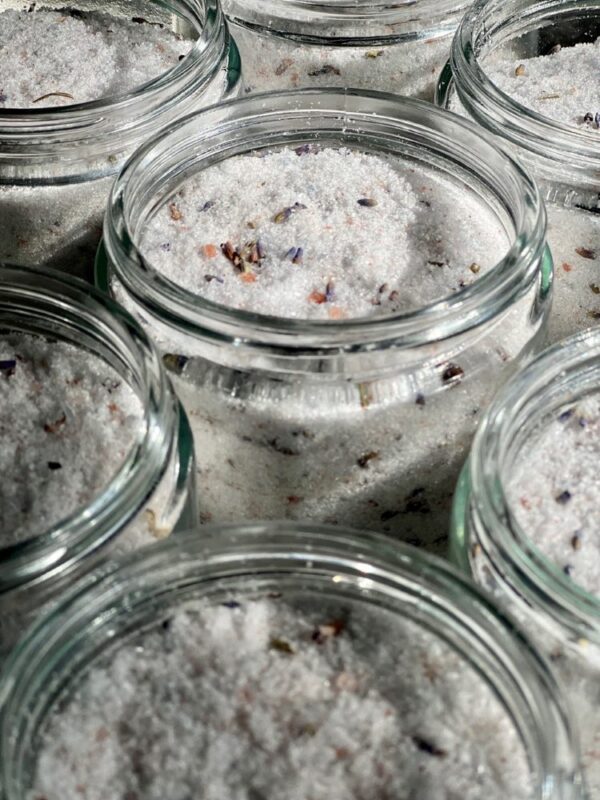 Epsom salt and pink Himalayan salt with lavender for spa and aromatherapy