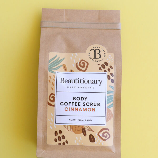 best coffee scrub with cinnamon to exfoliate body and healing stretch marks and cellulite in a compostable packaging, made in Canada