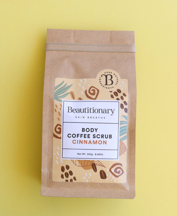 best coffee scrub with cinnamon to exfoliate body and healing stretch marks and cellulite in a compostable packaging, made in Canada