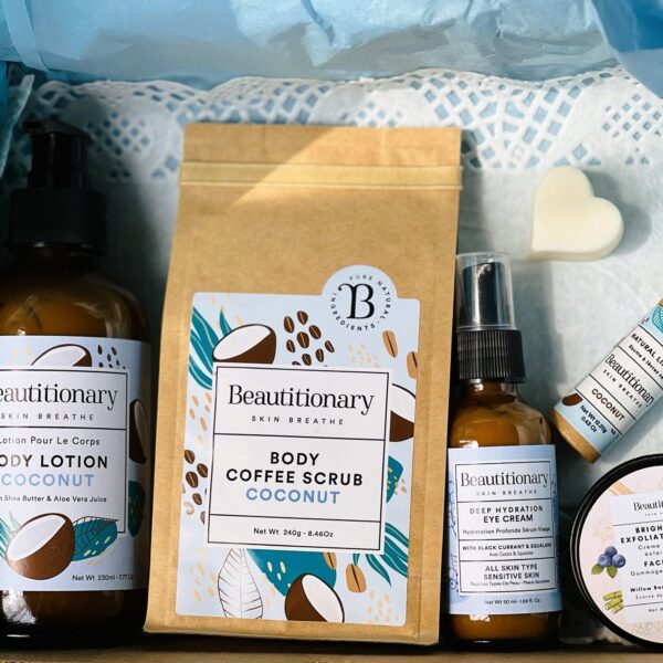 a very nice luxury gift set for exfoliating and nourishing include body coffee scrub, body lotion, eye cream, face mask and lip balm, natural and vegan, made in vancouver