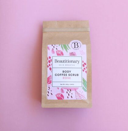 Rose coffee scrub a natural exfoliant to soften and smooth the skin.