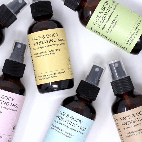 Group photo of Beautitionary fine mist facial sprays displayed together. Natural vegan face mists for a quick hydration boost over makeup or bare skin, made in Vancouver.