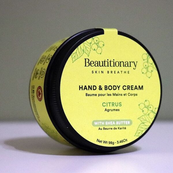 All-natural citrus hand cream made in Vancouver BC, formulated with shea butter, citrus essential oils, oat and kale protein, and vitamin E; vegan, cruelty-free moisturizing skincare for dry hands.