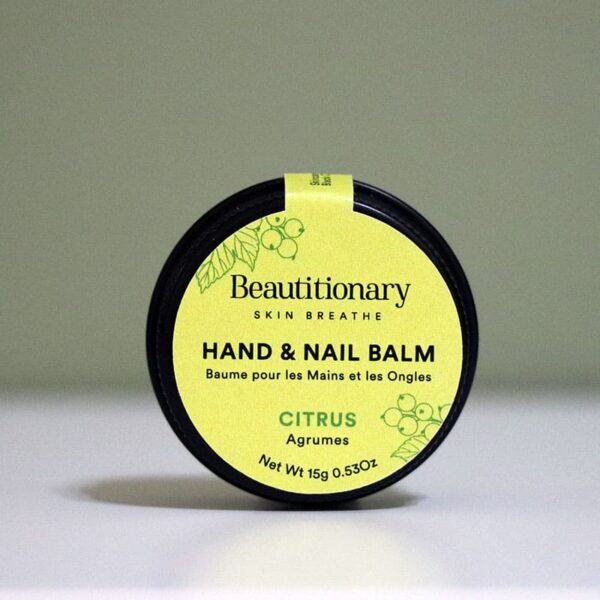 Clean, simple image of the Citrus Beautitionary Hand and Nail Balm tin, an all-natural vegan formula that softens dry hands and nourishes nails, enriched with shea butter, black currant, and oat & kale protein.