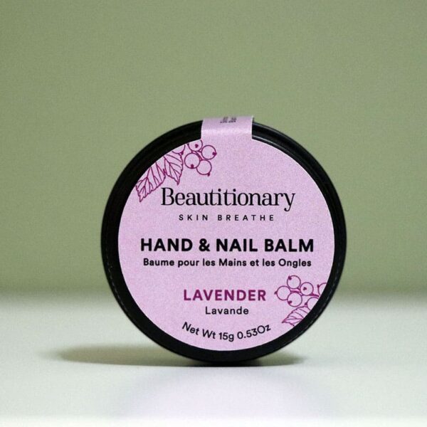 Minimalist product photo of Beautitionary’s Lavender Hand and Nail Balm tin, made with shea butter, black currant seed oil, and oat & kale protein to hydrate hands and strengthen cuticles.