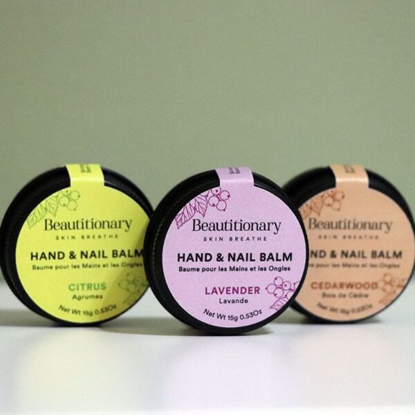 Minimalist photo featuring all three Beautitionary Hand and Nail Balm scents in metal tins, made with shea butter, black currant seed oil, and oat & kale protein for soft, hydrated hands and strong, healthy cuticles.
