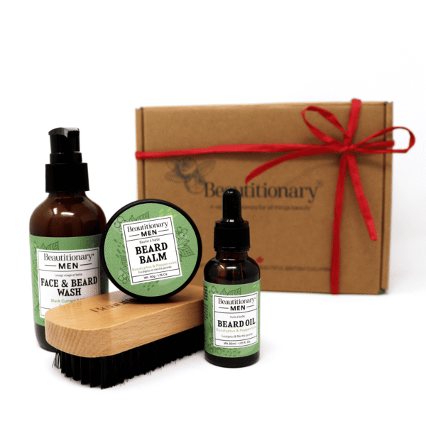 A Beard Set containing a face and beard wash, oil, balm, and brush.