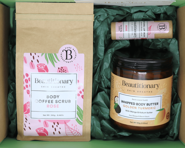 A Body Care Set containing a body butter, coffee scrub, and lip balm.