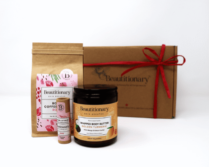 A Body Care Set containing a body butter, coffee scrub, and lip balm.