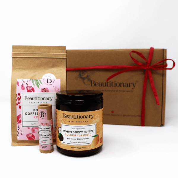 A Body Care Set containing a body butter, coffee scrub, and lip balm.