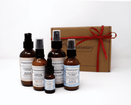 A Face Care Essentials box set including a 1-in-2 cleansing lotion, toner, moisturizer, eye cream, and face serum.