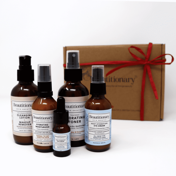 A Face Care Essentials box set including a 1-in-2 cleansing lotion, toner, moisturizer, eye cream, and face serum.