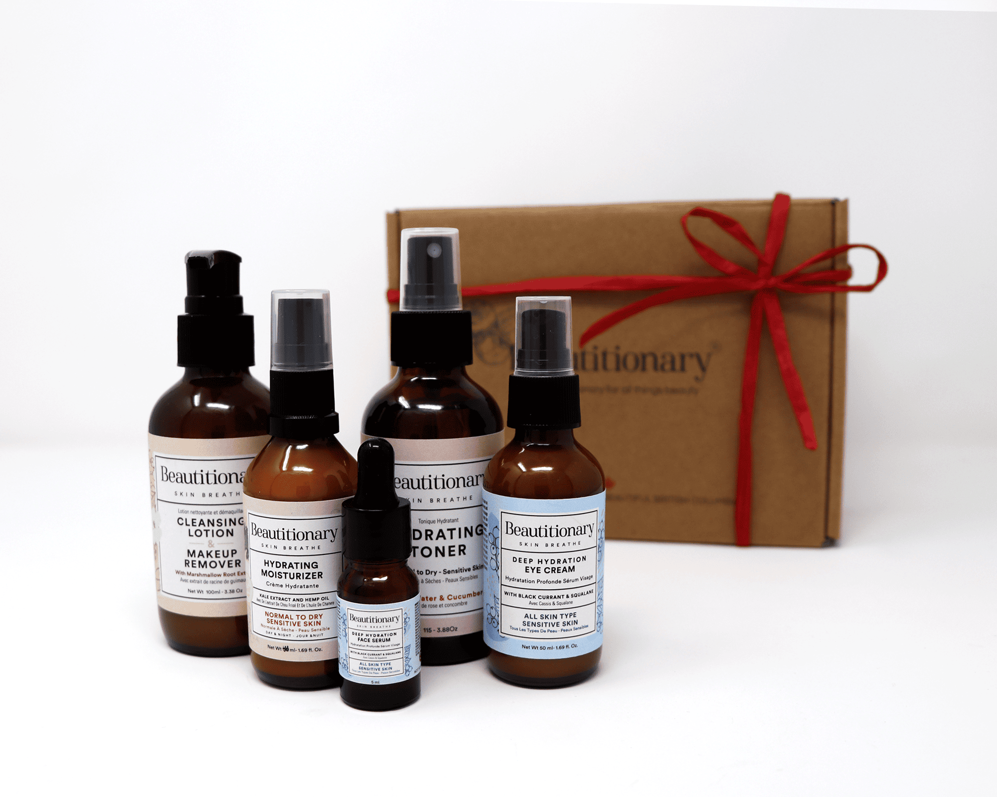 A Face Care Essentials box set including a 1-in-2 cleansing lotion, toner, moisturizer, eye cream, and face serum.