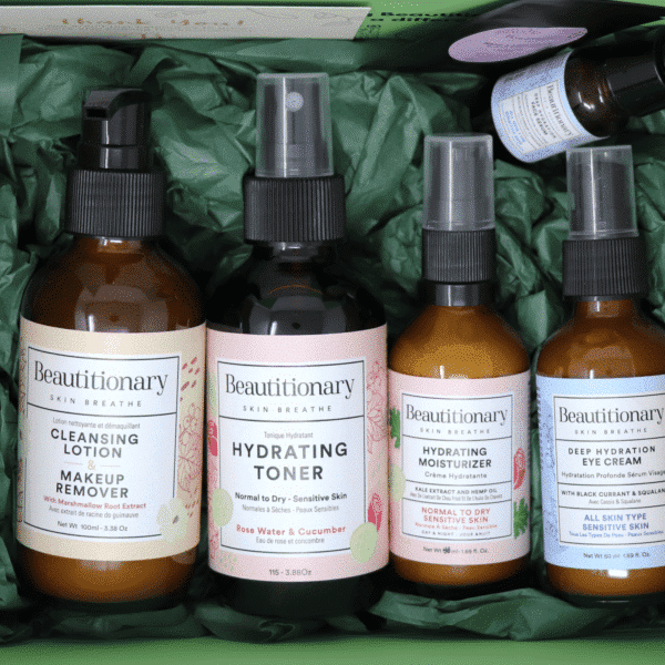 A Face Care Essentials box set including a 1-in-2 cleansing lotion, toner, moisturizer, eye cream, and face serum.