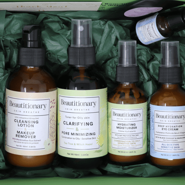 A Face Care Essentials box set including a 1-in-2 cleansing lotion, toner, moisturizer, eye cream, and face serum.