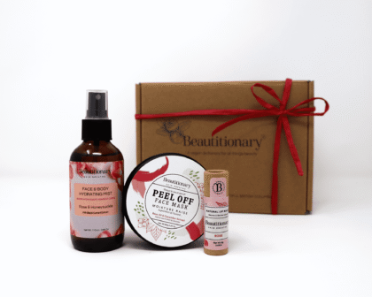 A Mask Set gift box containing a peel off face mask, hydrating face and body mist, and vegan lip balm.