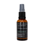 2-in-1 natural aftershave and face serum in a glass bottle with a pumo, featuring key botanical ingredients like aloe vera and black currant.