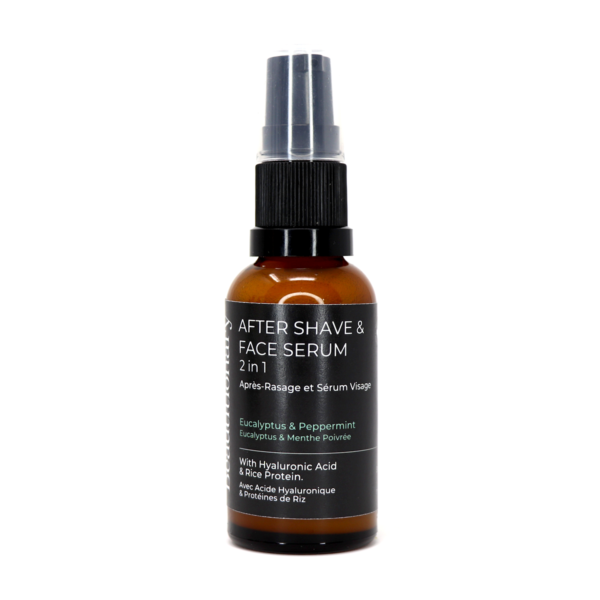 2-in-1 natural aftershave and face serum in a glass bottle with a pumo, featuring key botanical ingredients like aloe vera and black currant.