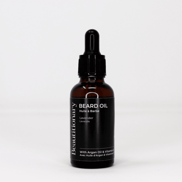 Travel size 30ml lavender beard oil dropper bottle by Beautitionary. Handmade vegan men's grooming product crafted in Vancouver.