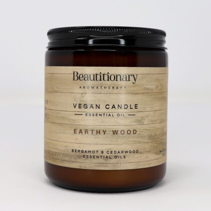 Beautitionary vegan soy wax "Earthy Wood" candle, bergamot and cedarwood essential oil.