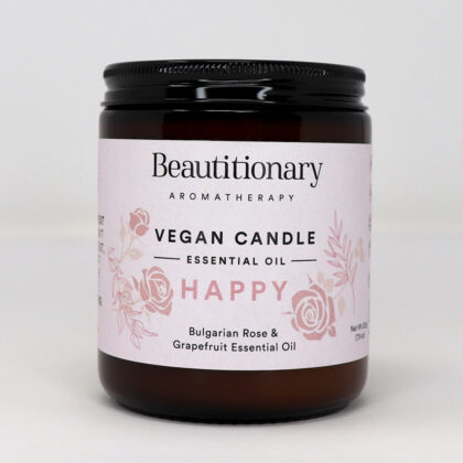 Beautitionary vegan soy wax "Happy" candle, bulgarian rose and grapefruit essential oil.