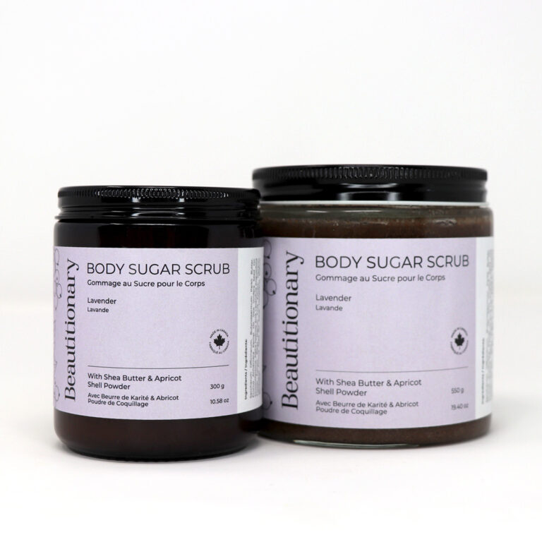 Beautitionary lavender body sugar scrub in two sizes.