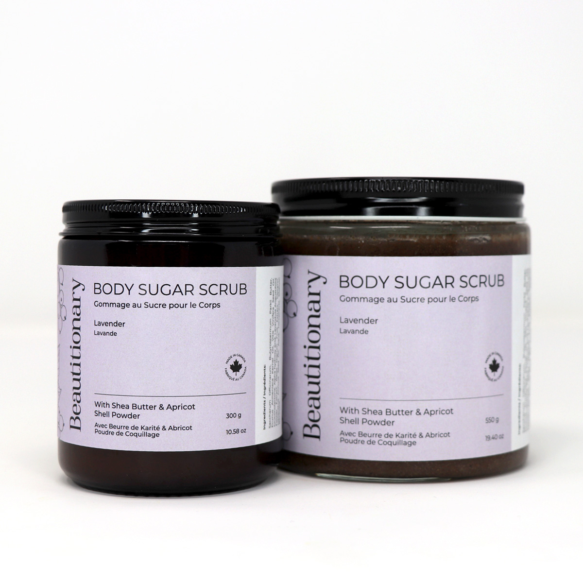 Beautitionary lavender body sugar scrub in two sizes.