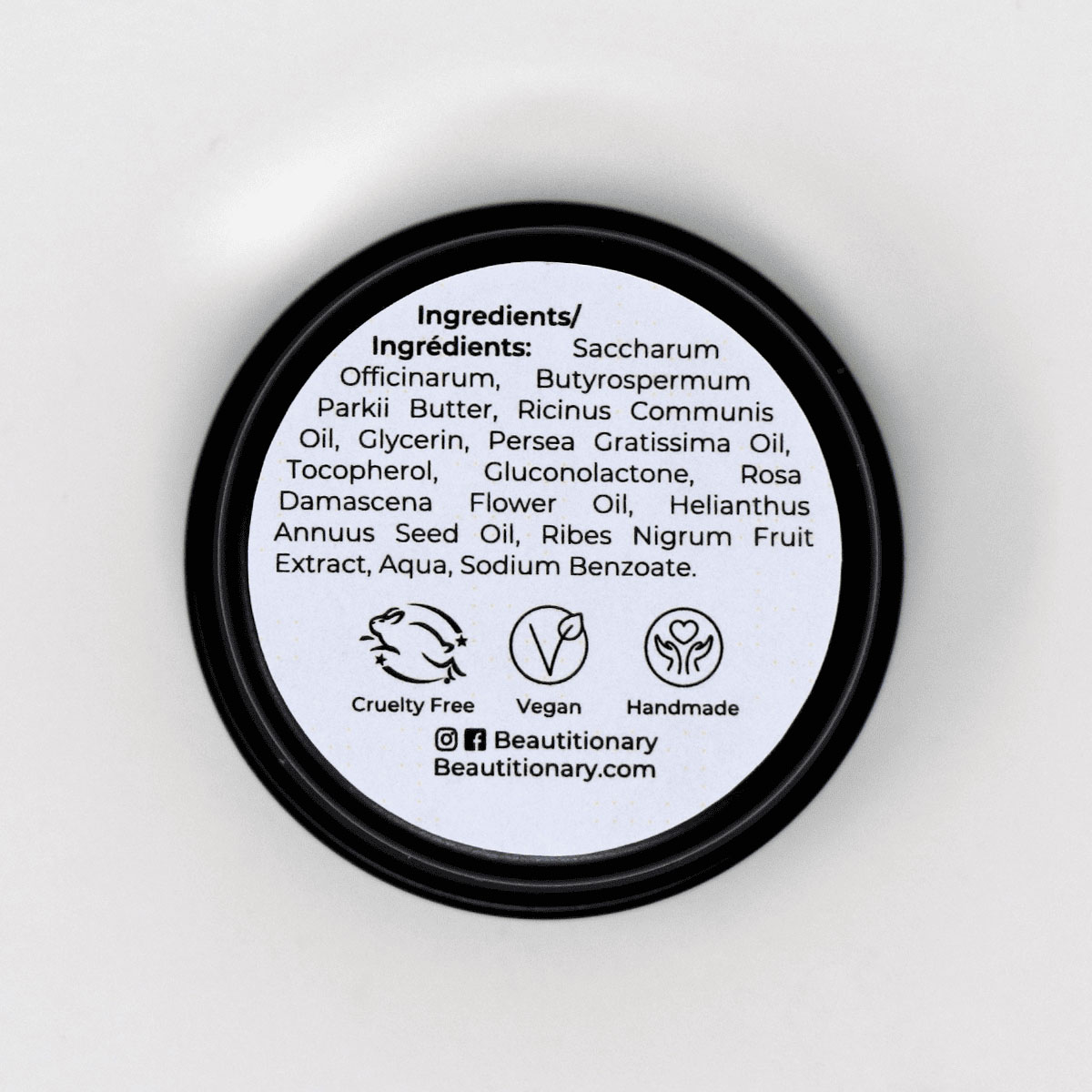 Beautitionary lip scrub, ingredients label on back
