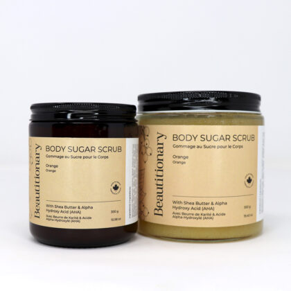 Beautitionary orange body sugar scrub in two sizes.