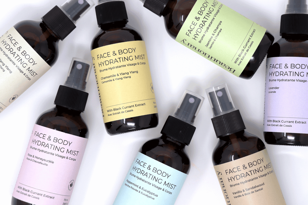 Group photo of Beautitionary fine mist facial sprays displayed together. Natural vegan face mists for a quick hydration boost over makeup or bare skin, made in Vancouver.