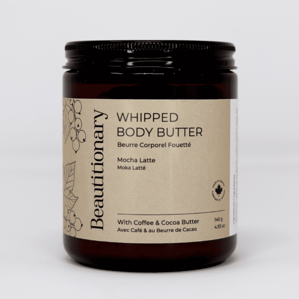 Mocha Latte Whipped Body Butter in a glass jar, a soft and creamy natural moisturizer made locally in Vancouver, BC, enriched with cocoa butter, shea butter, and coffee essential oil for deep hydration.