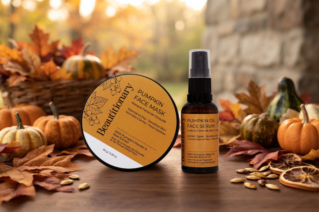 Beautitionary pumpkin face mask and pumpkin oil face serum in autumn scene.