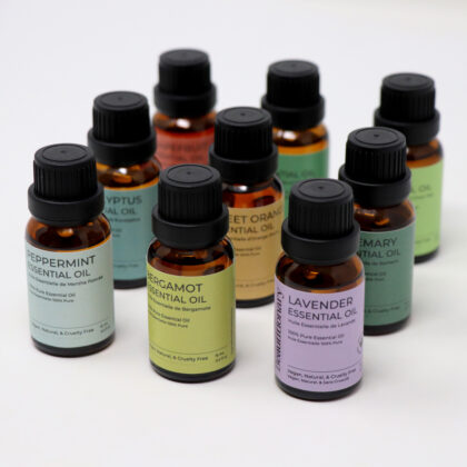All of Beautitionary's pure essential oils lined up on display.